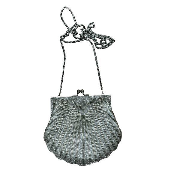 Silver beaded clamshell evening bag dressy prom wedding purse chain kiss clasp - Picture 7 of 9